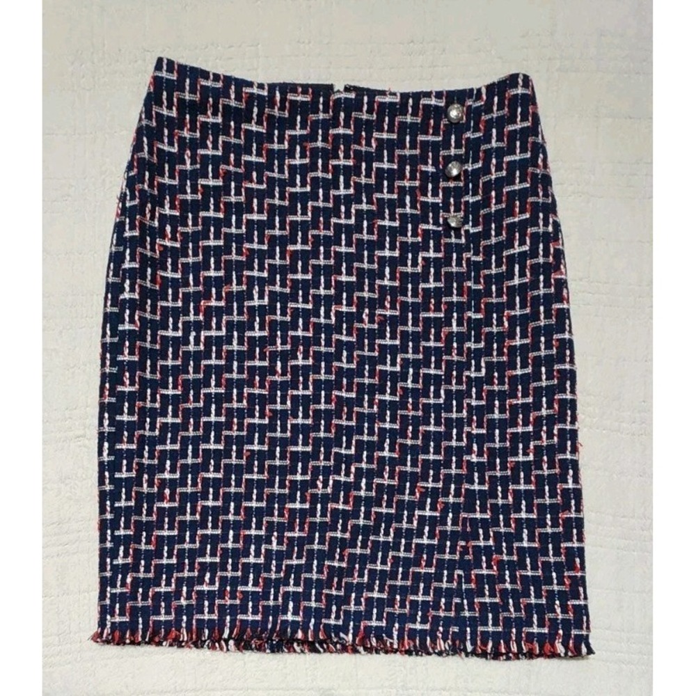Talbots 8 Navy Blue Red Tweed Skirt Bottom w/ Fringe Front Slit Buttons Nautical